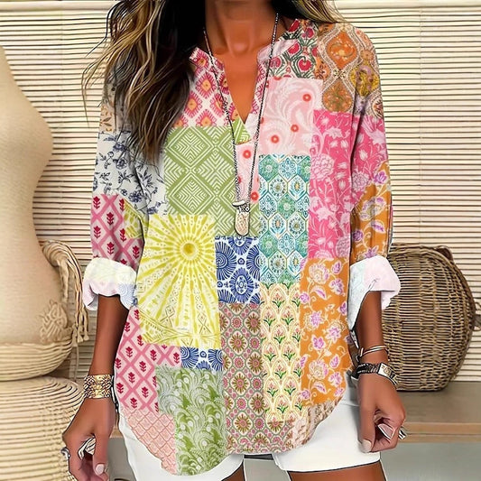 Trendy Floral-print V-neck Long-sleeve Top